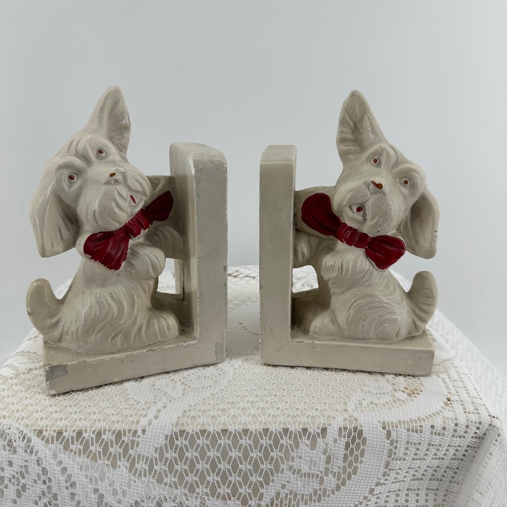 Vintage Scottie Dog Chalkware Plaster Bookends Cream Red Bow Fair MCM Kitsch
